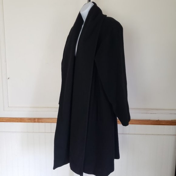 Karen Womens Wool Coat One Size Black Open Front Pockets Lined Winter Warm Vtg - Picture 3 of 10